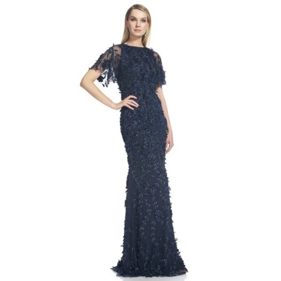 NWT Theia Flutter Sleeve Petal Applique Maxi Length Gown in Midnight - Picture 1 of 12